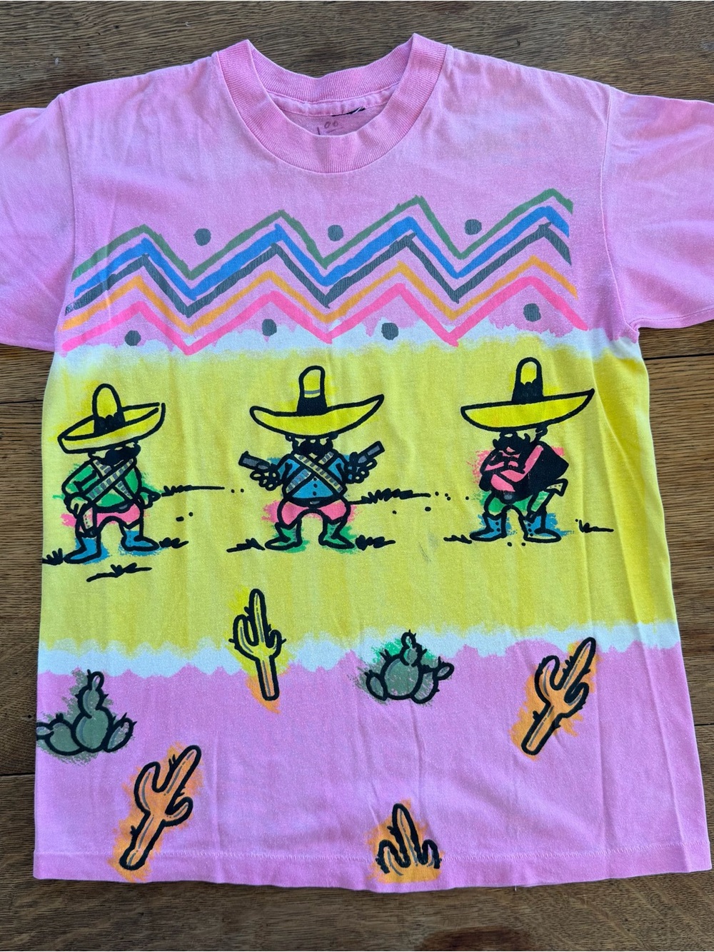 True Vintage Pink & Yellow Colorful Graphic Sombrero Character Tee